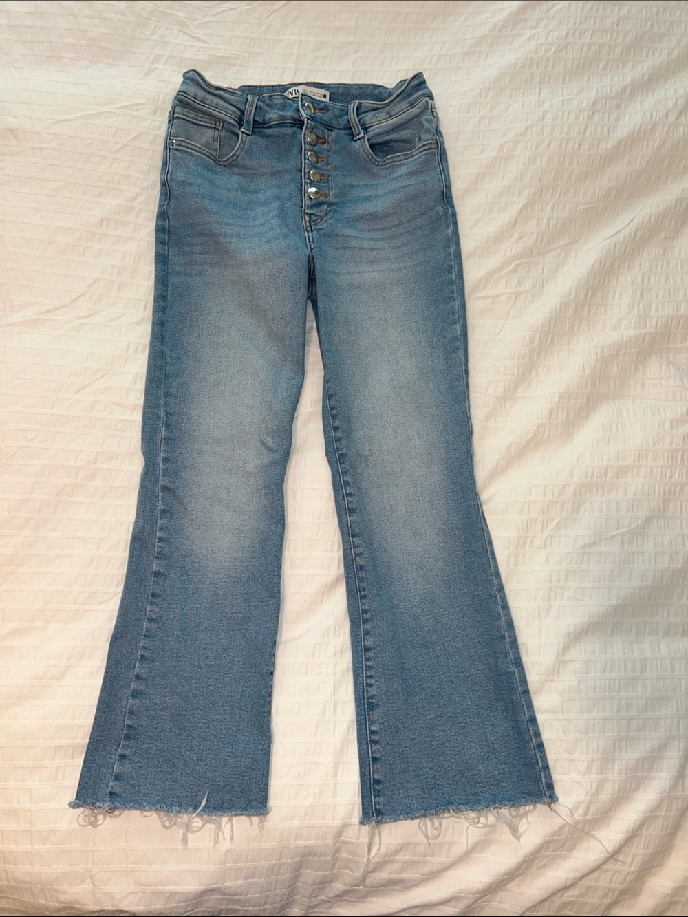 Zara Light Blue High-Rise Flare Jeans with Button Fly